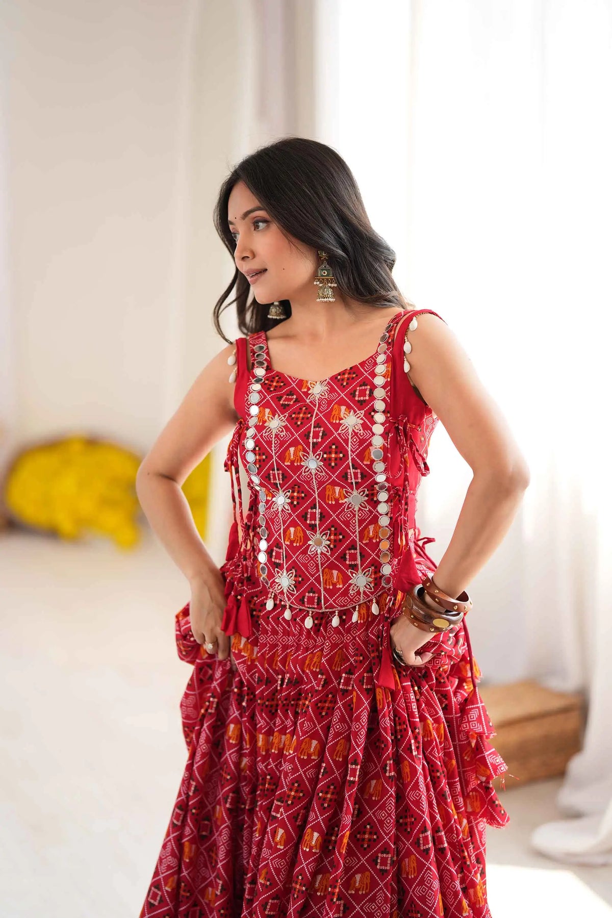 Red Rayon Navratri Lehenga Choli