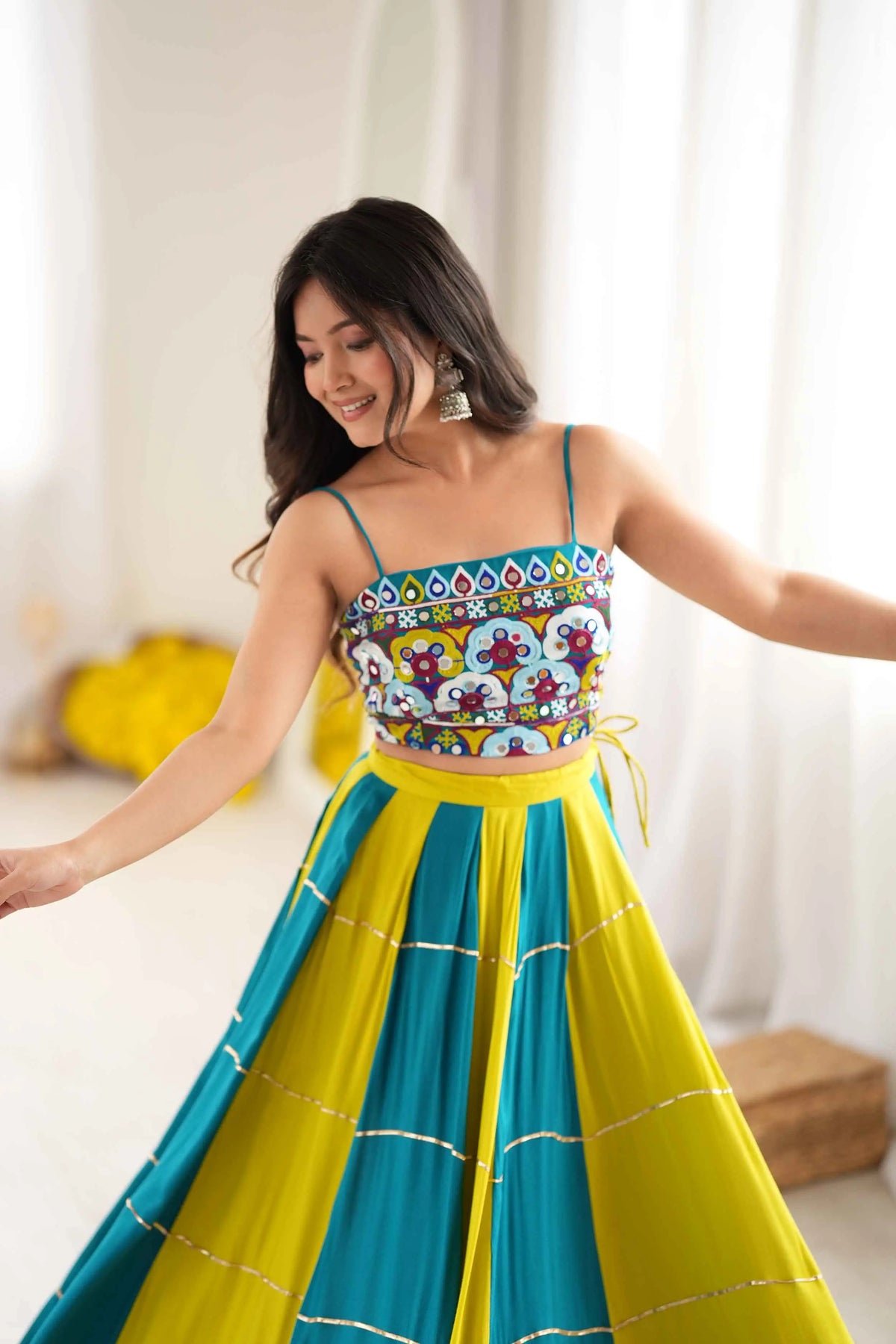 Teal Blue Embroidered Navratri Lehenga Choli