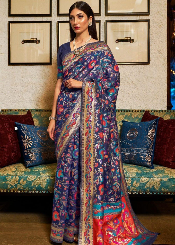 Space Blue Banarasi Jamawar Woven Silk Saree : Top Pick | Stitched Blouse - qivii