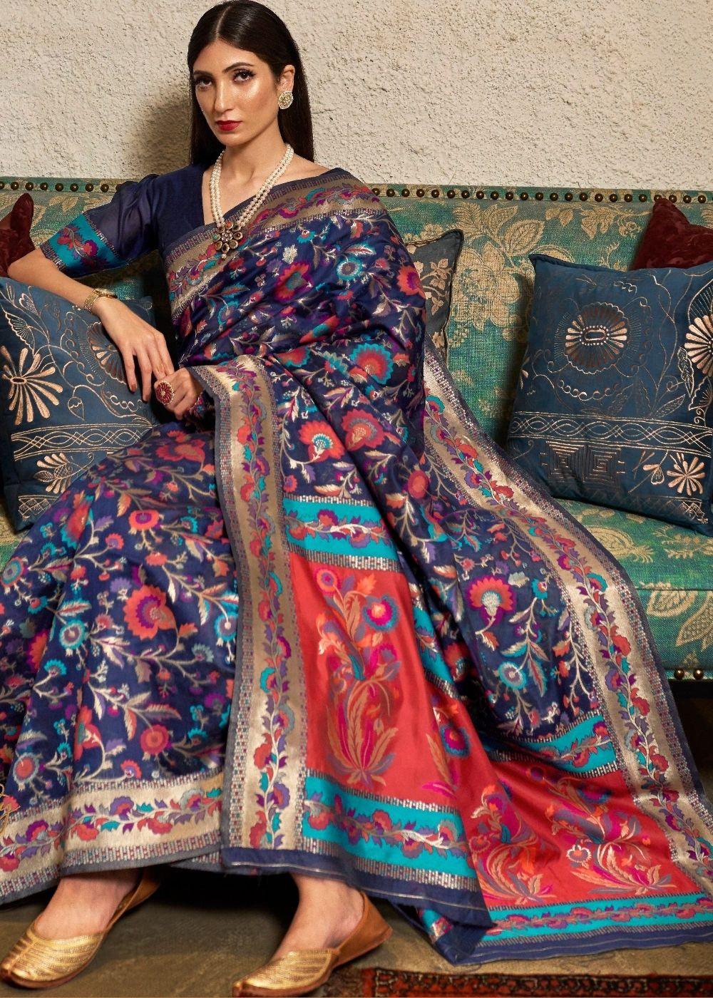 Space Blue Banarasi Jamawar Woven Silk Saree : Top Pick | Stitched Blouse - qivii