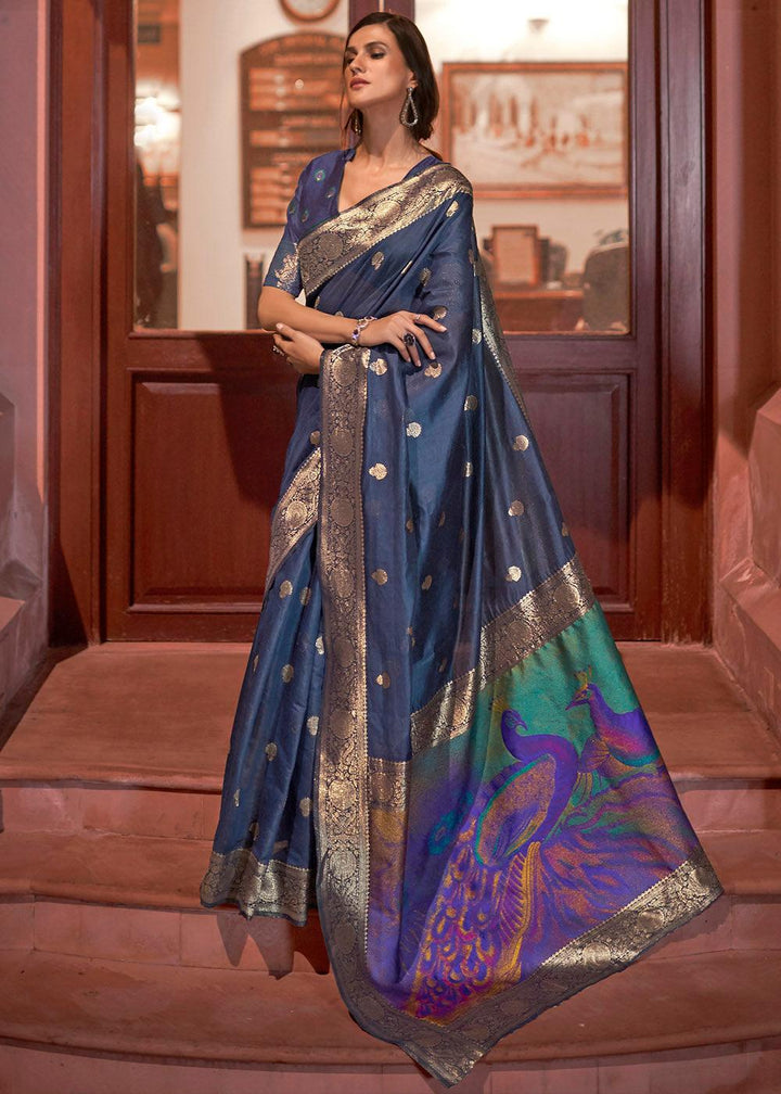 Space Blue Woven Chanderi Banarasi Fusion Silk Saree | Stitched Blouse - qivii