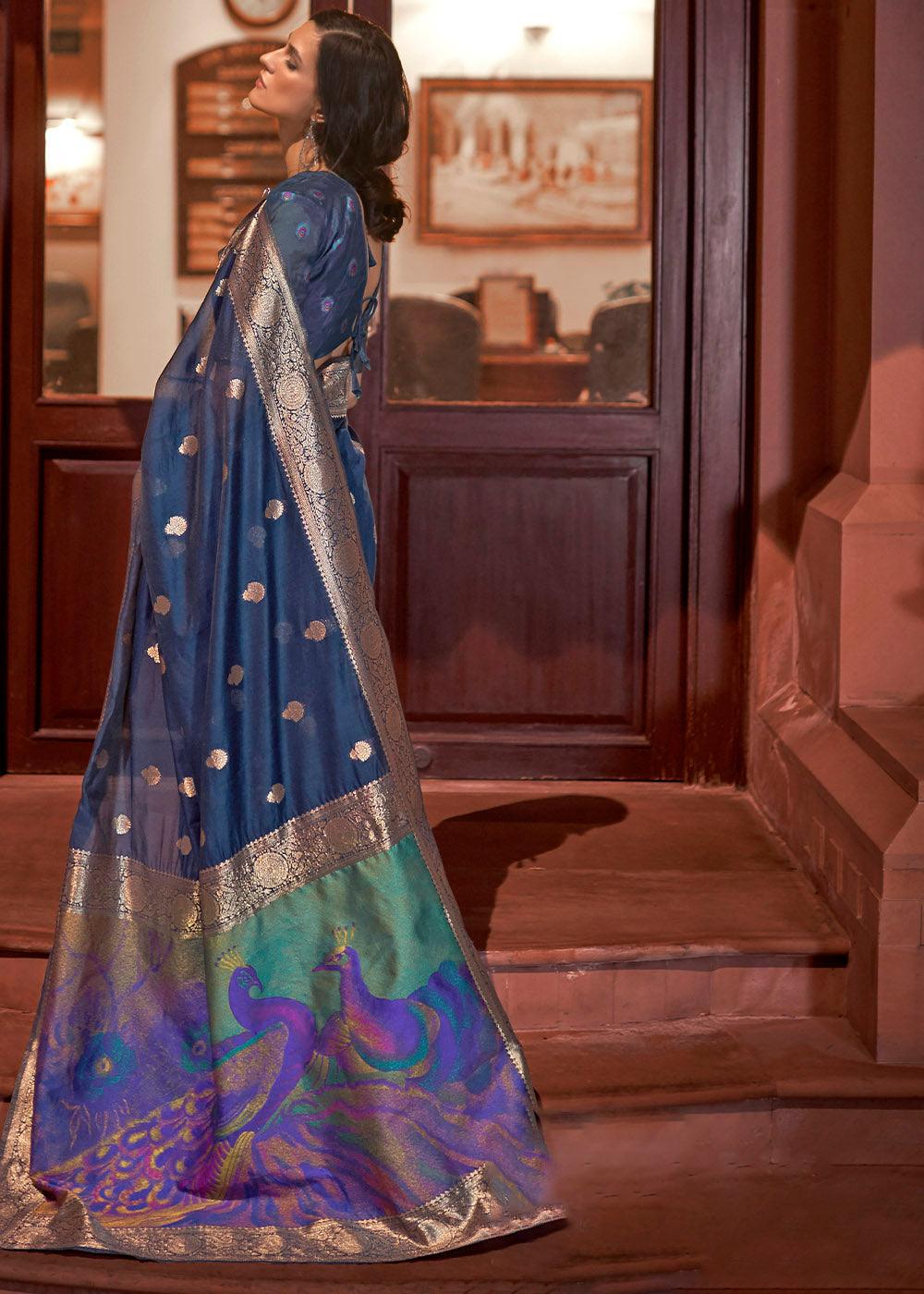 Space Blue Woven Chanderi Banarasi Fusion Silk Saree | Stitched Blouse - qivii