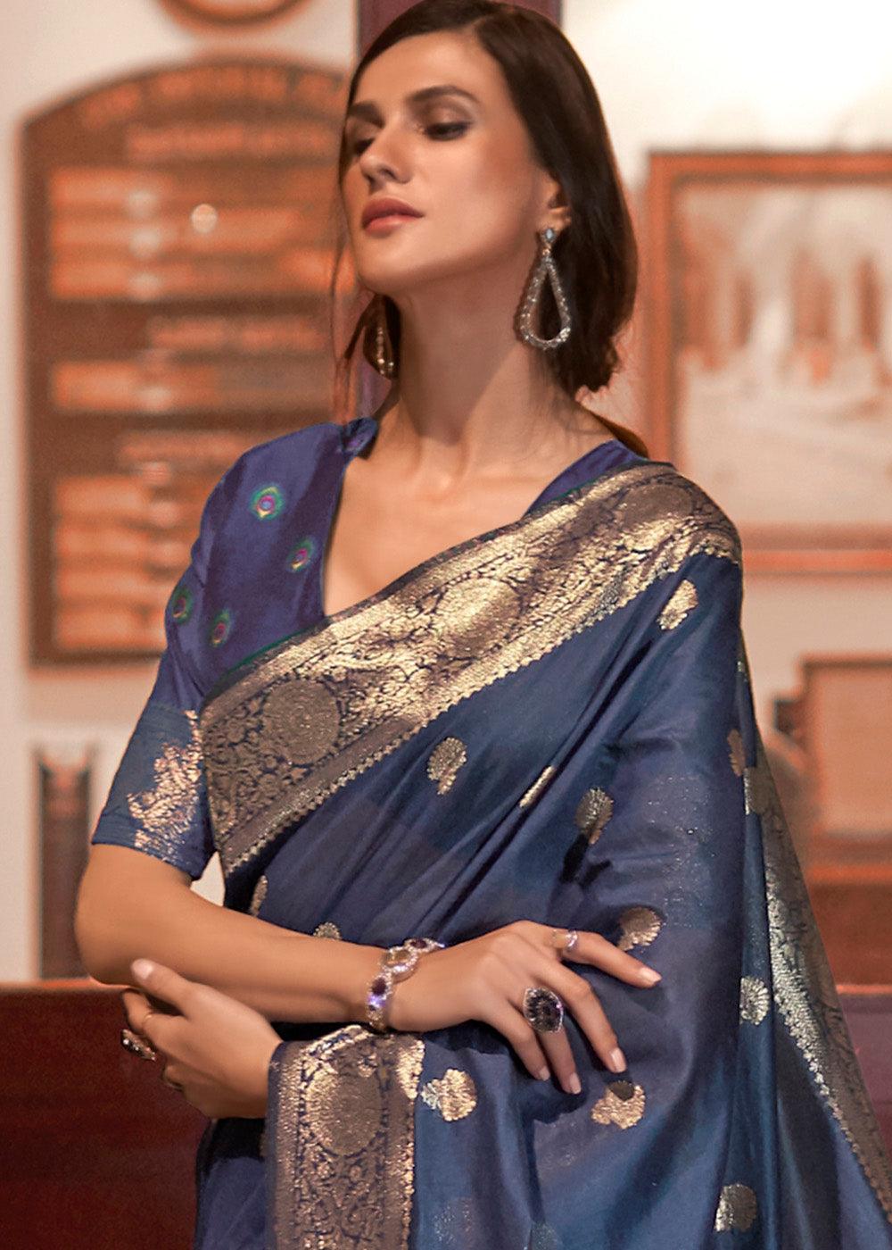 Space Blue Woven Chanderi Banarasi Fusion Silk Saree | Stitched Blouse - qivii