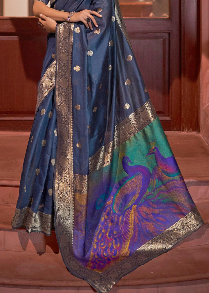 Space Blue Woven Chanderi Banarasi Fusion Silk Saree | Stitched Blouse - qivii