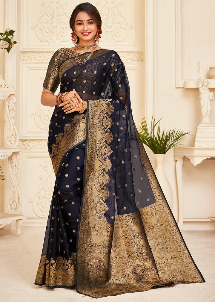 Space Blue Zari Woven Organza Silk Saree | Stitched Blouse - qivii