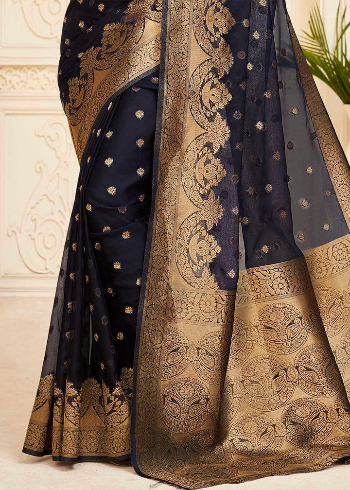 Space Blue Zari Woven Organza Silk Saree | Stitched Blouse - qivii