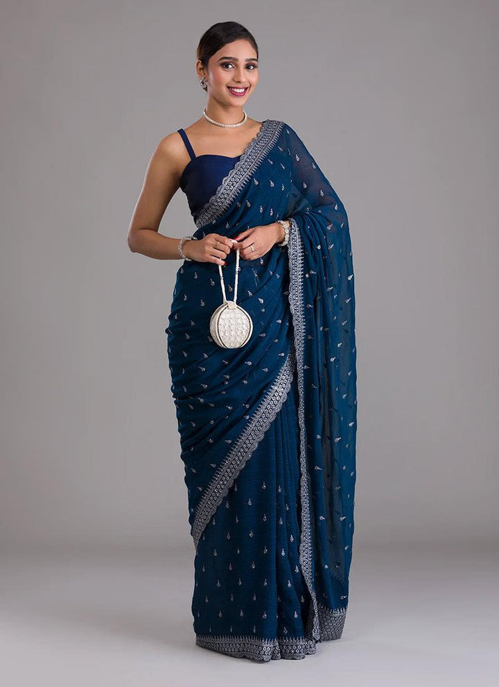 Spaghetti Strap Blouse Navy Blue Georgette Saree  - By Kreeva