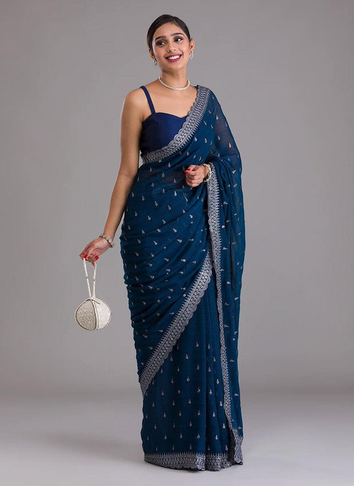 Spaghetti Strap Blouse Navy Blue Georgette Saree  - By Kreeva