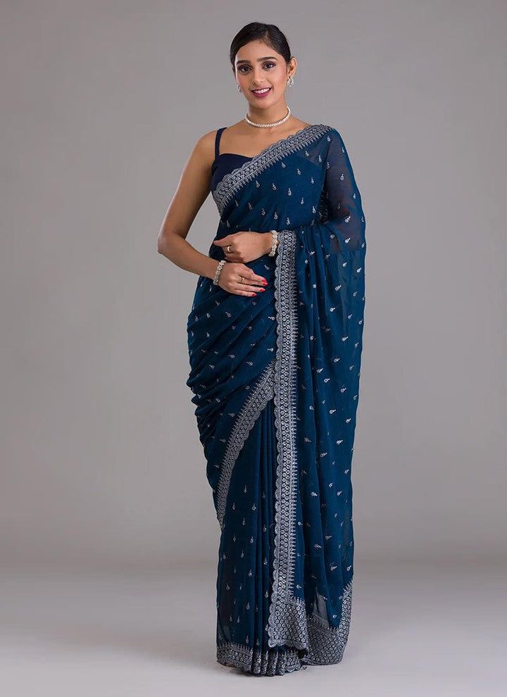 Spaghetti Strap Blouse Navy Blue Georgette Saree  - By Kreeva