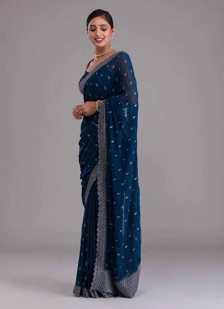 Spaghetti Strap Blouse Navy Blue Georgette Saree  - By Kreeva