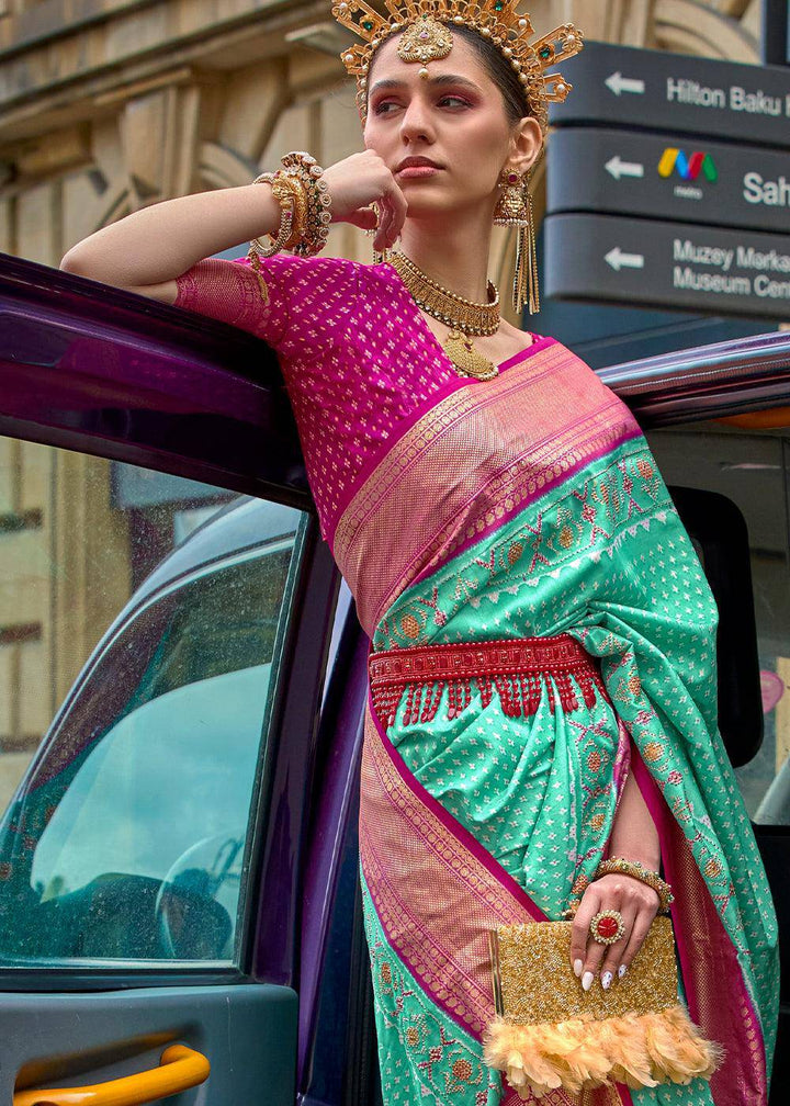 Spring Green Patola Printed Viscose Silk Saree | Stitched Blouse - qivii