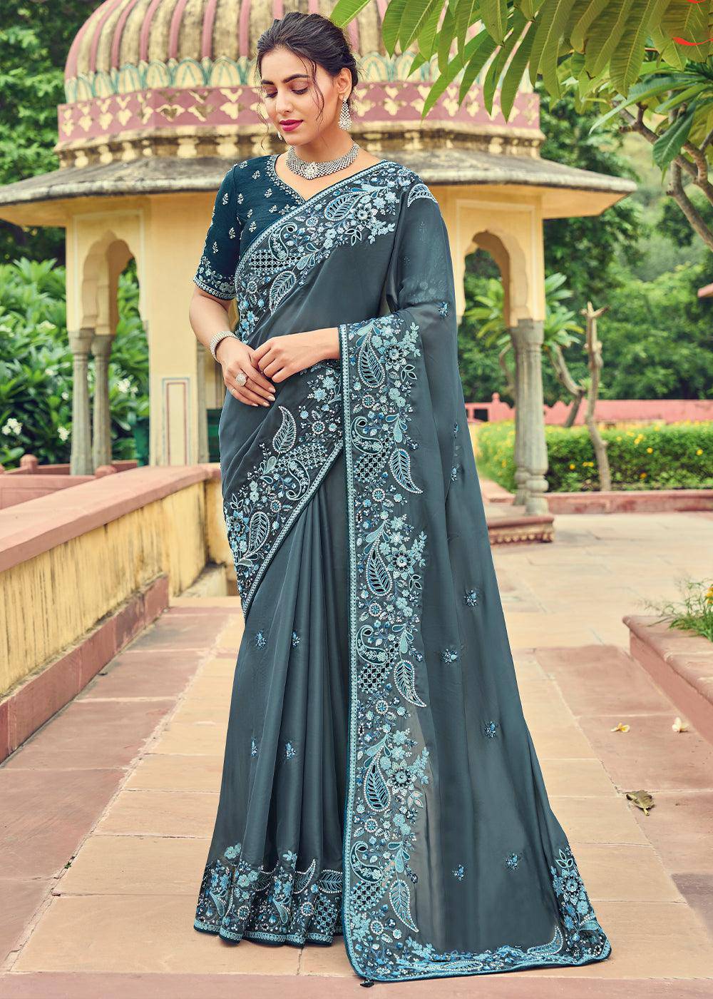 Spruce Blue Designer Organza Saree with Intricate Embroidery work | Stitched Blouse - qivii