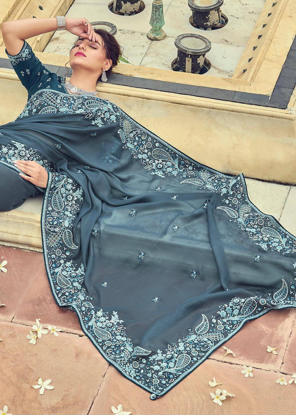 Spruce Blue Designer Organza Saree with Intricate Embroidery work | Stitched Blouse - qivii