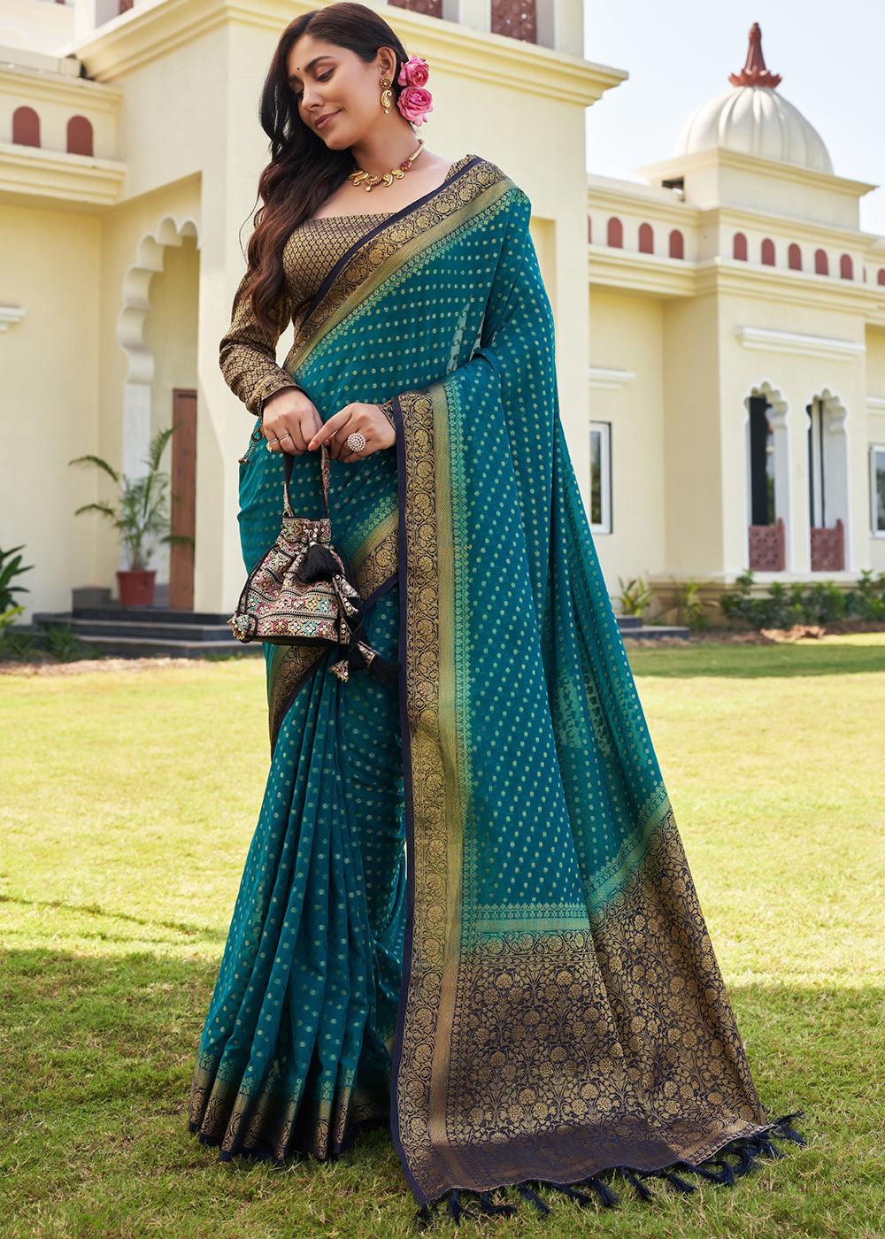 Star Command Blue Zari Woven Georgette Saree with Contrast Blouse & Pallu - qivii