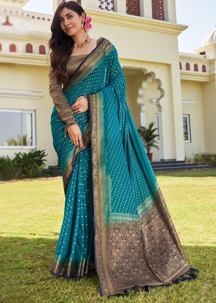 Star Command Blue Zari Woven Georgette Saree with Contrast Blouse & Pallu - qivii