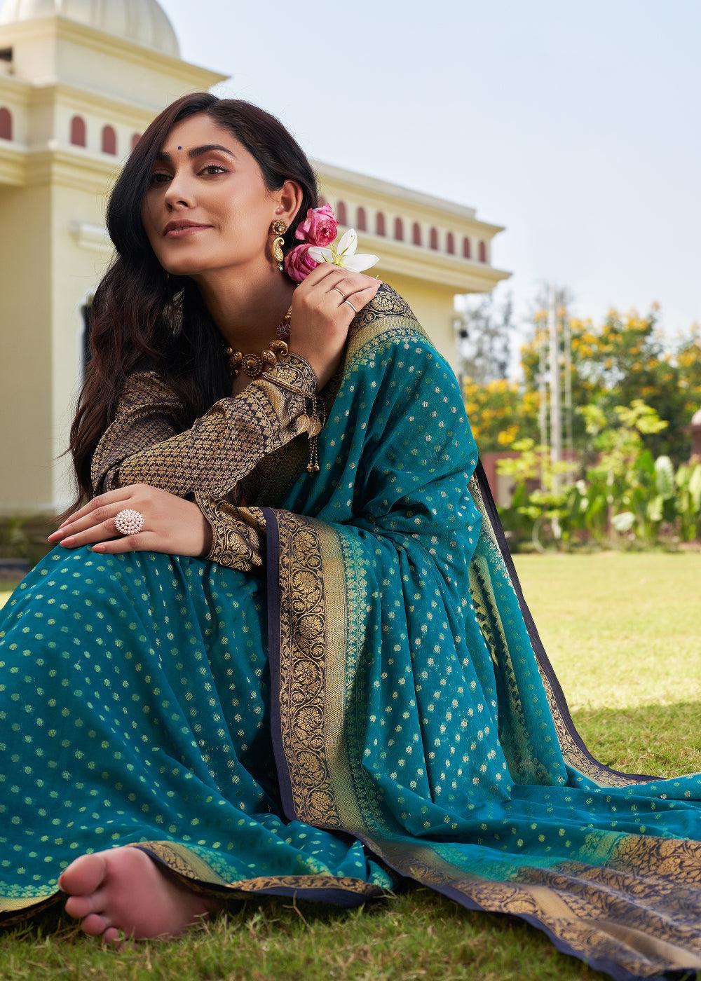 Star Command Blue Zari Woven Georgette Saree with Contrast Blouse & Pallu - qivii