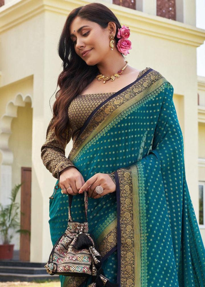 Star Command Blue Zari Woven Georgette Saree with Contrast Blouse & Pallu - qivii