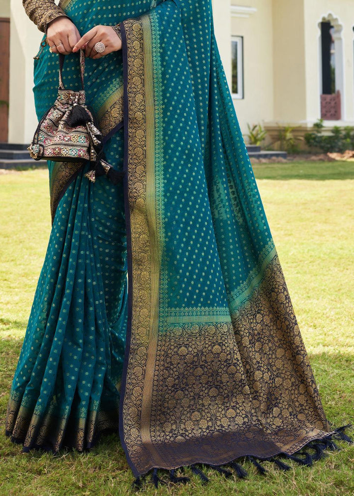 Star Command Blue Zari Woven Georgette Saree with Contrast Blouse & Pallu - qivii