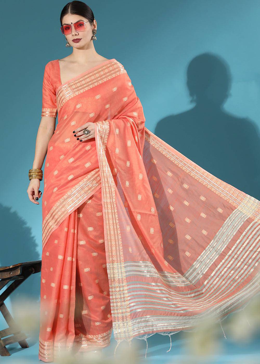 Starfish Orange Chikankari Weaving Cotton Saree | Stitched Blouse - qivii