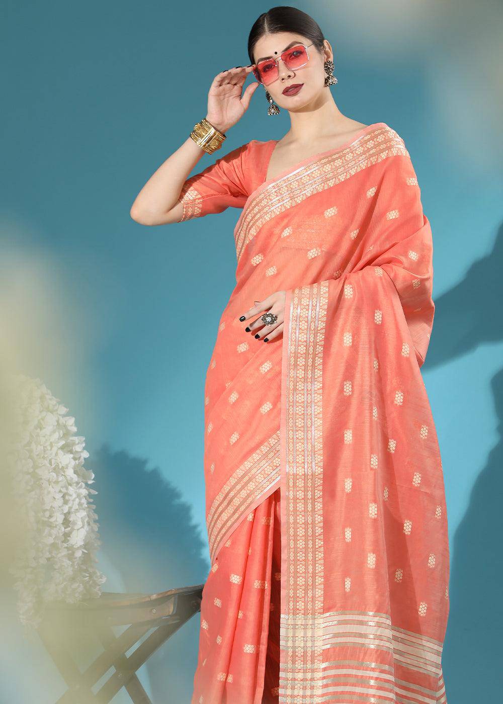 Starfish Orange Chikankari Weaving Cotton Saree | Stitched Blouse - qivii