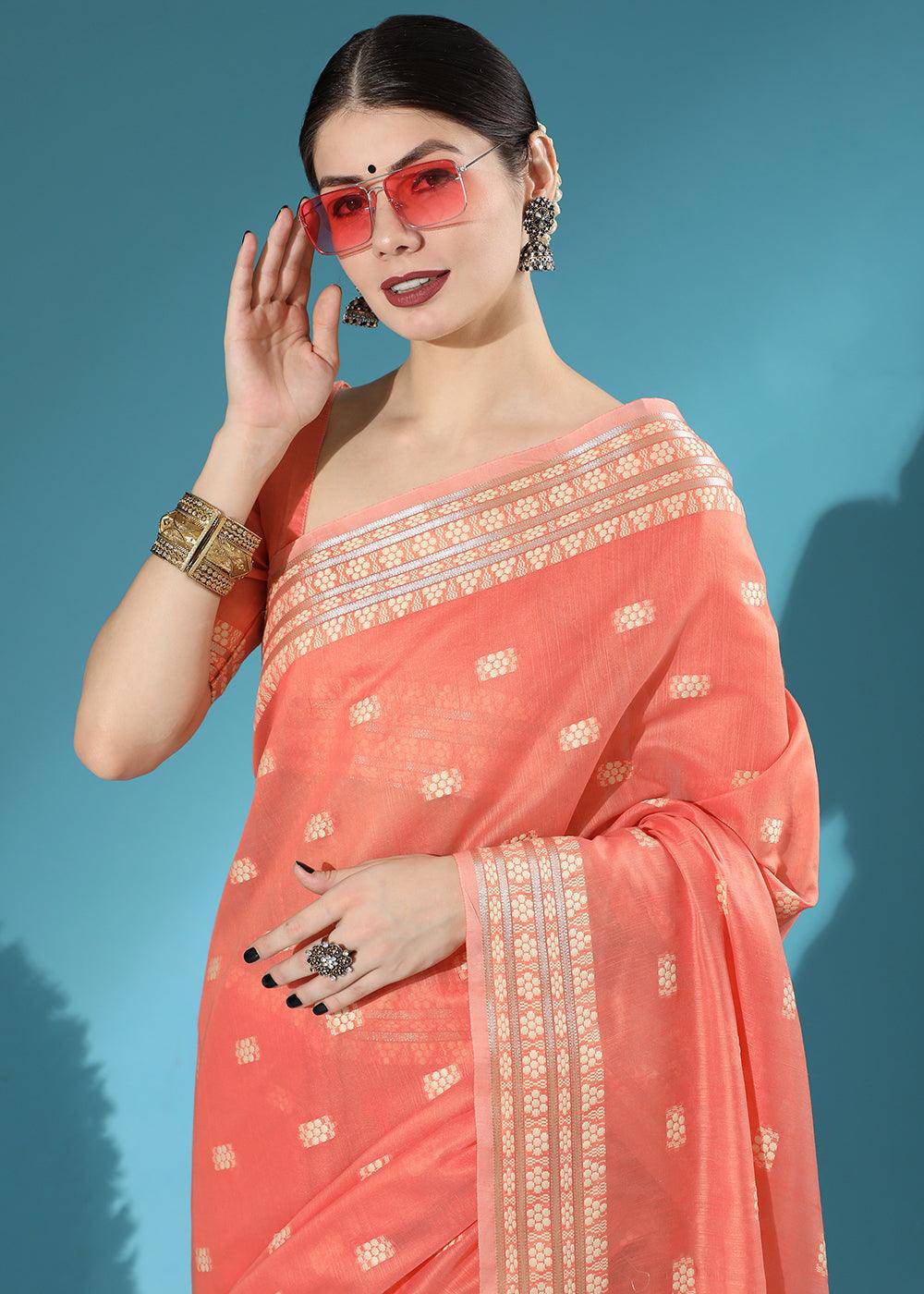 Starfish Orange Chikankari Weaving Cotton Saree | Stitched Blouse - qivii