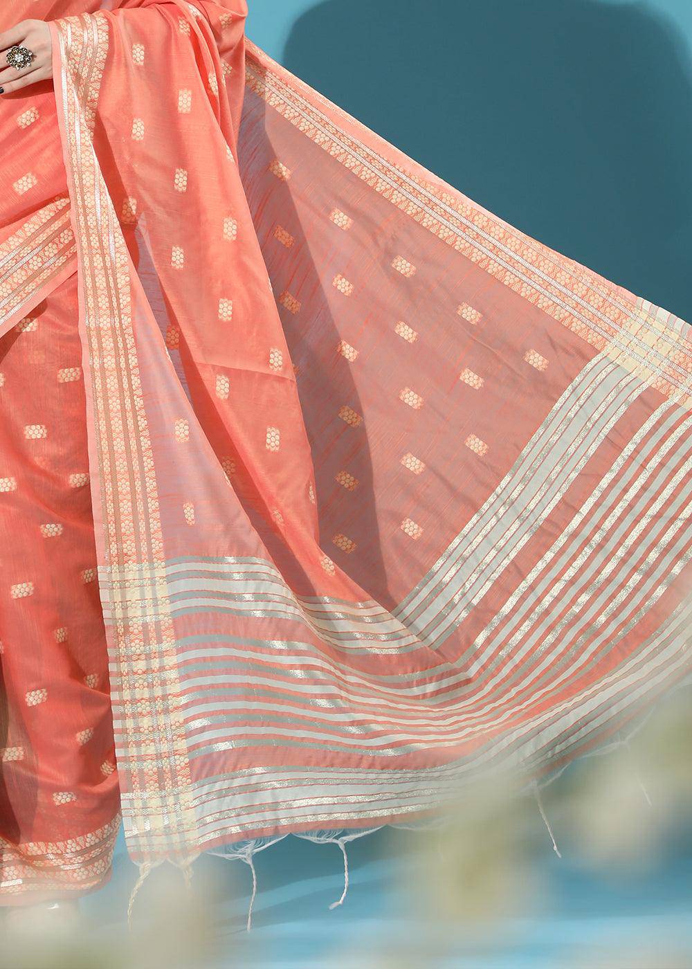 Starfish Orange Chikankari Weaving Cotton Saree | Stitched Blouse - qivii