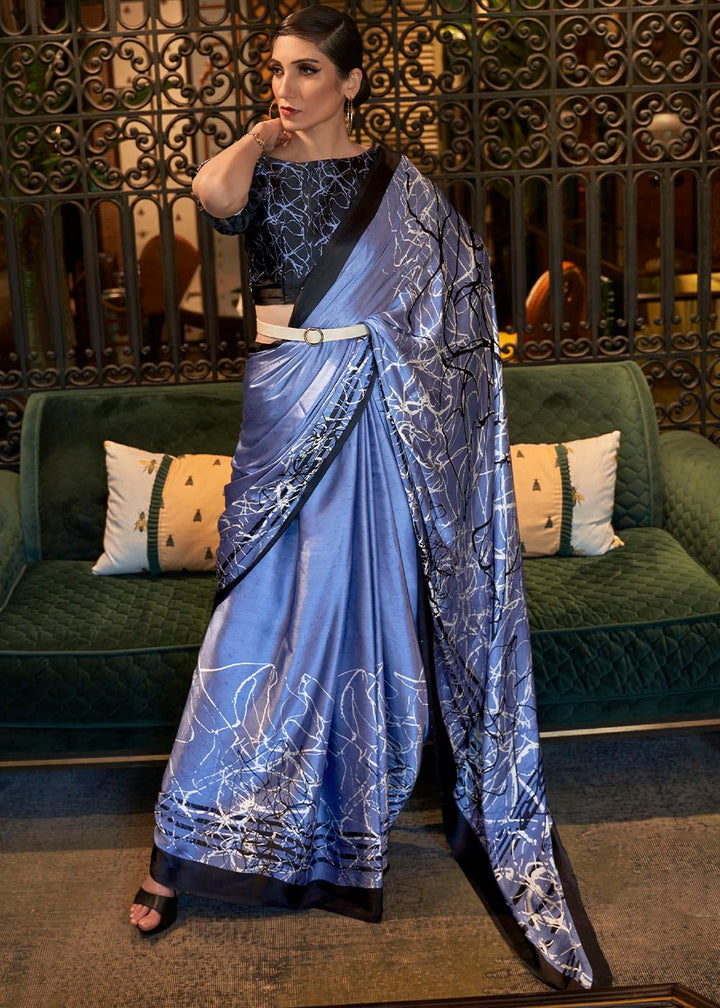 Steel Blue Designer Satin Crepe Printed Saree : Top Pick - qivii