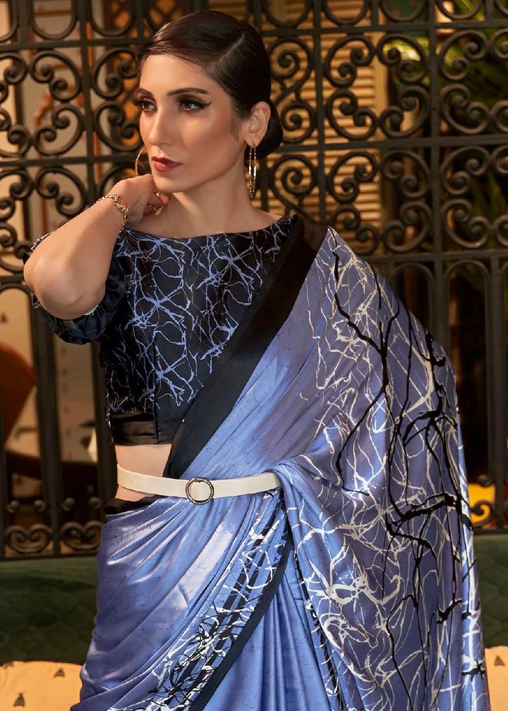 Steel Blue Designer Satin Crepe Printed Saree : Top Pick - qivii