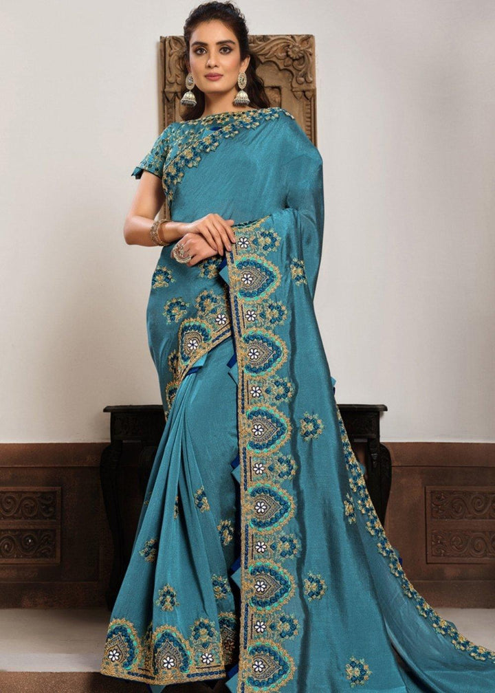 Steel Blue Silk Georgette Saree with Gota, Cord and Resham Embroidery | Stitched Blouse - qivii