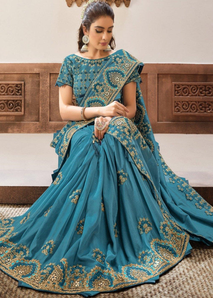 Steel Blue Silk Georgette Saree with Gota, Cord and Resham Embroidery | Stitched Blouse - qivii