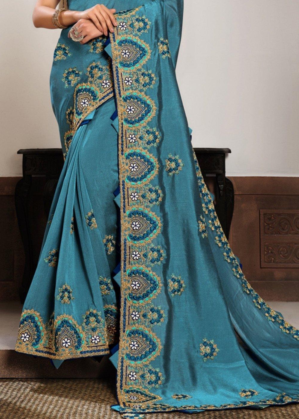 Steel Blue Silk Georgette Saree with Gota, Cord and Resham Embroidery | Stitched Blouse - qivii