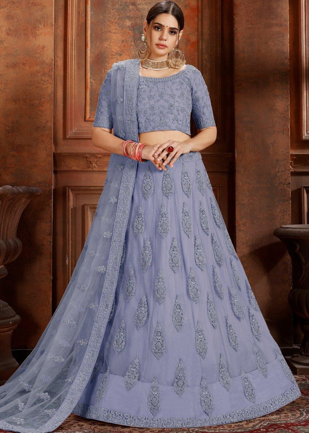 Steel Blue Soft Net Lehenga Choli with Thread, Zarkan & Pearl work - qivii