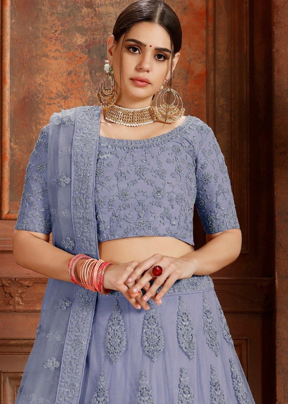 Steel Blue Soft Net Lehenga Choli with Thread, Zarkan & Pearl work - qivii