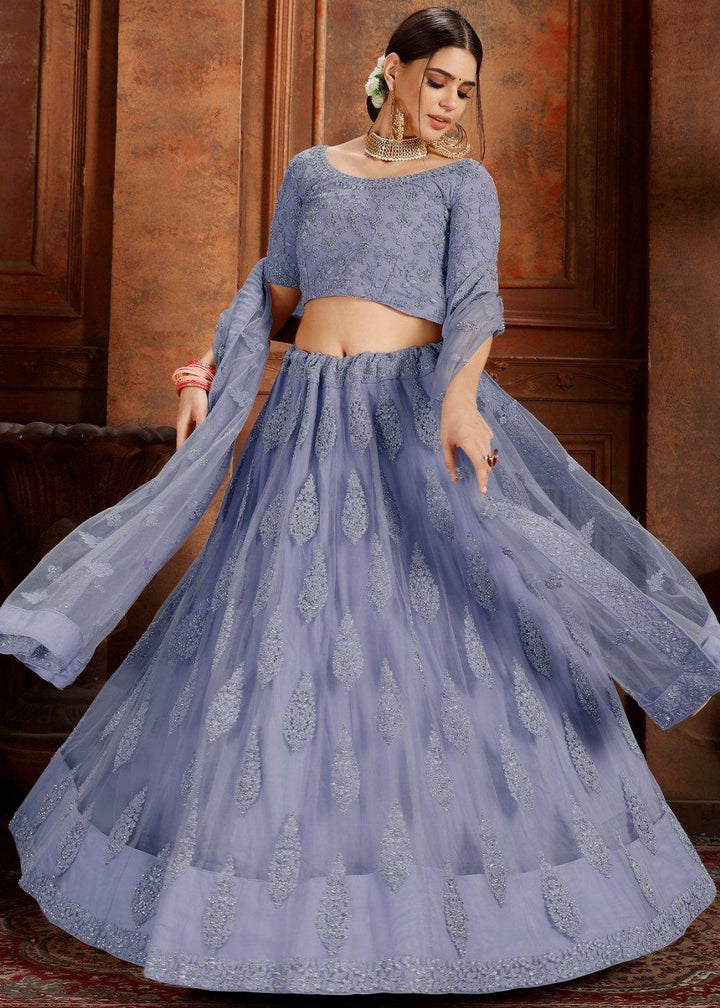 Steel Blue Soft Net Lehenga Choli with Thread, Zarkan & Pearl work - qivii