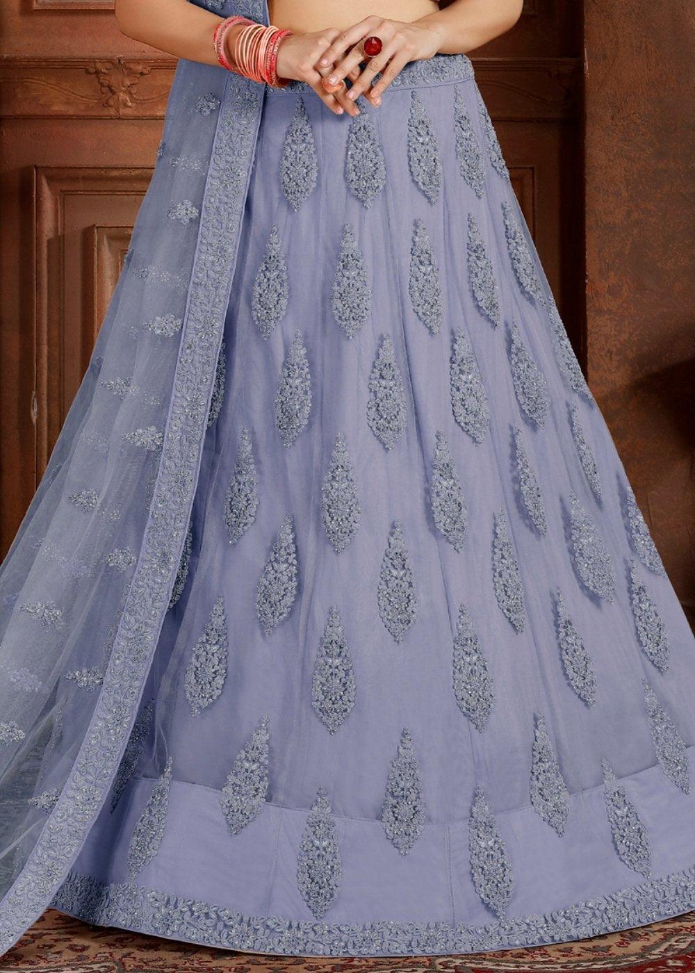 Steel Blue Soft Net Lehenga Choli with Thread, Zarkan & Pearl work - qivii