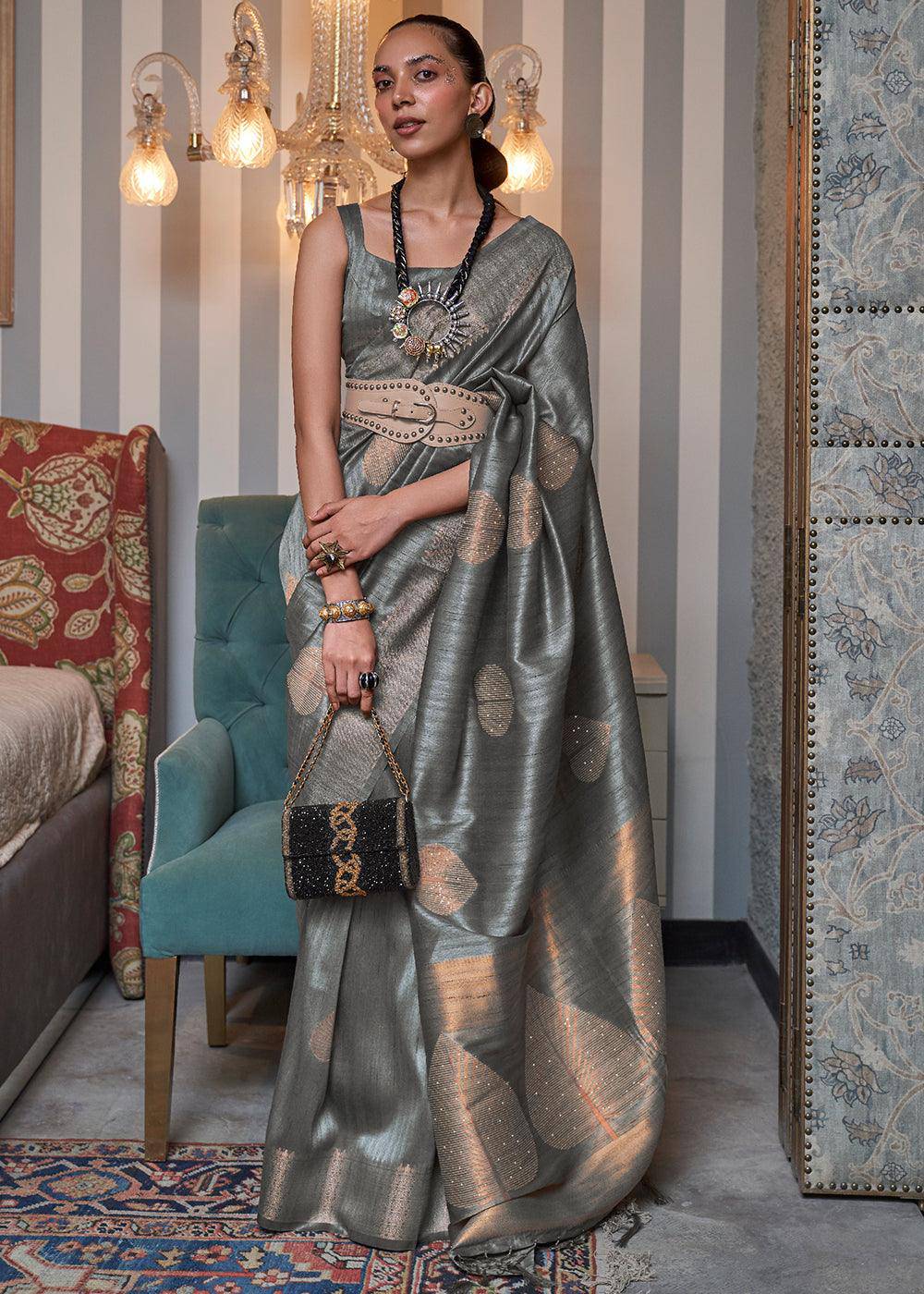 Steel Grey Copper Zari Woven Silk Saree with Sequence work | Stitched Blouse - qivii