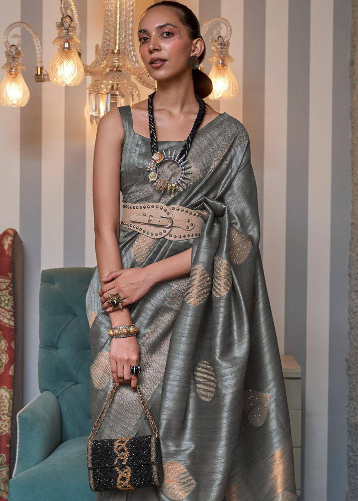 Steel Grey Copper Zari Woven Silk Saree with Sequence work | Stitched Blouse - qivii