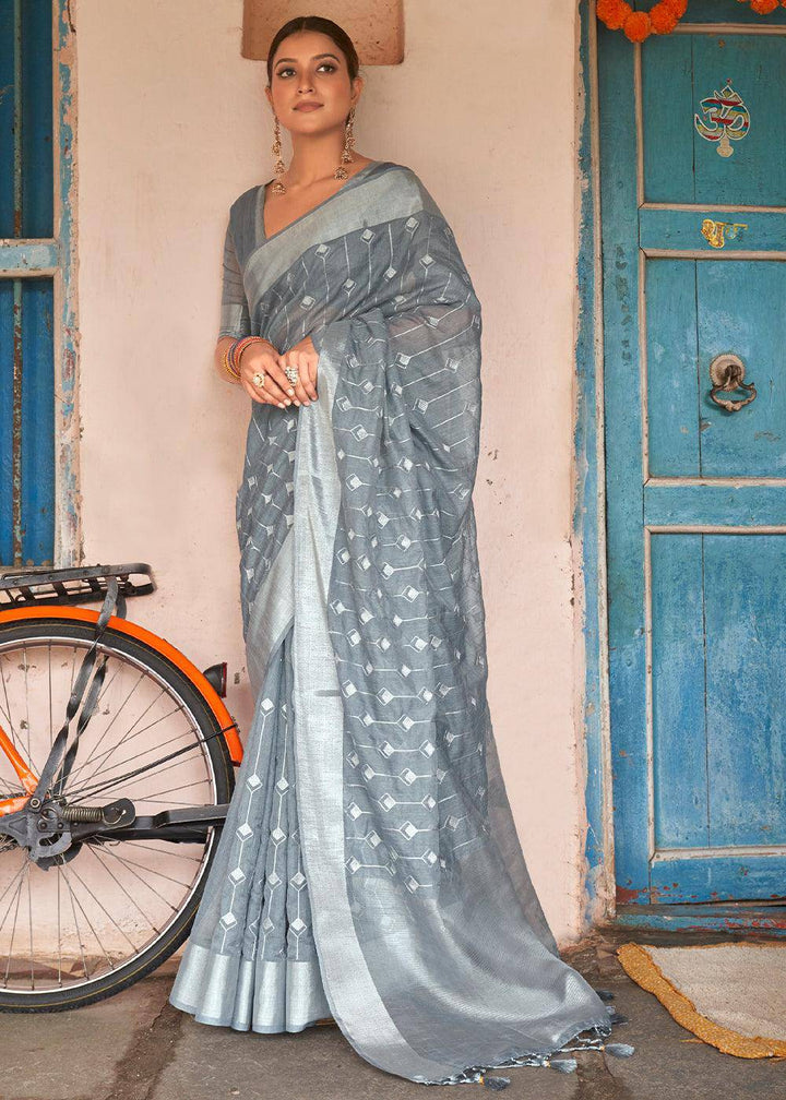 Steel Grey Floral Embroidered Linen Saree | Stitched Blouse - qivii