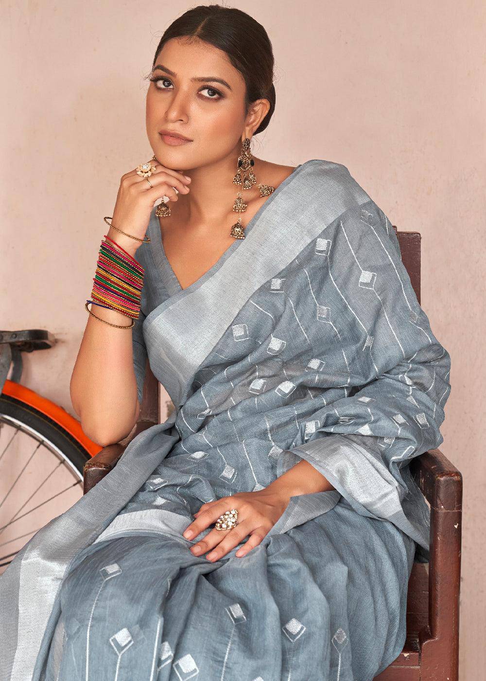 Steel Grey Floral Embroidered Linen Saree | Stitched Blouse - qivii