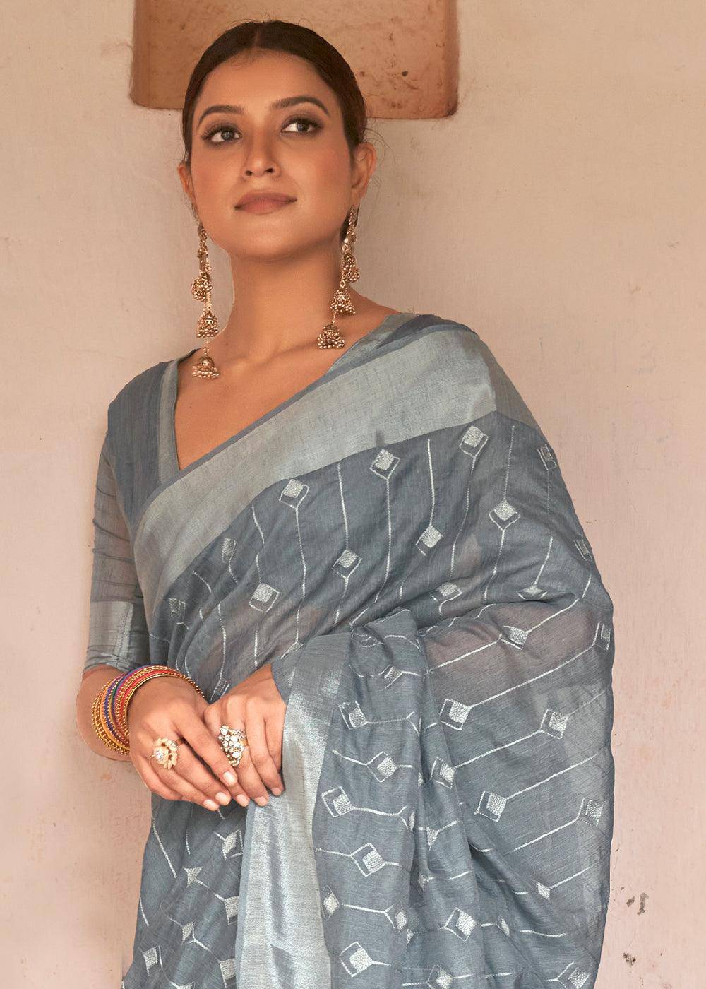 Steel Grey Floral Embroidered Linen Saree | Stitched Blouse - qivii