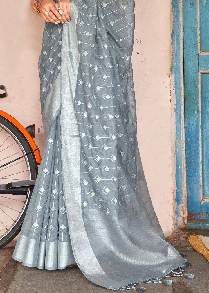 Steel Grey Floral Embroidered Linen Saree | Stitched Blouse - qivii