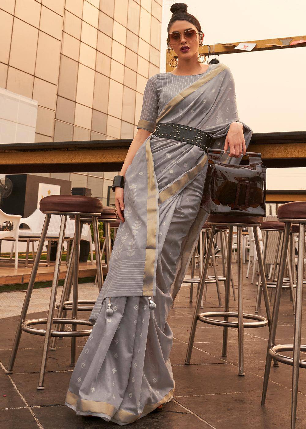 Steel Grey Handloom Weaving Banarasi Cotton Silk Saree | Stitched Blouse - qivii