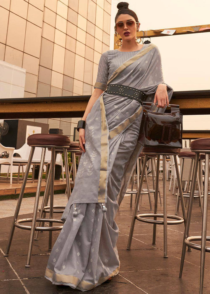 Steel Grey Handloom Weaving Banarasi Cotton Silk Saree | Stitched Blouse - qivii