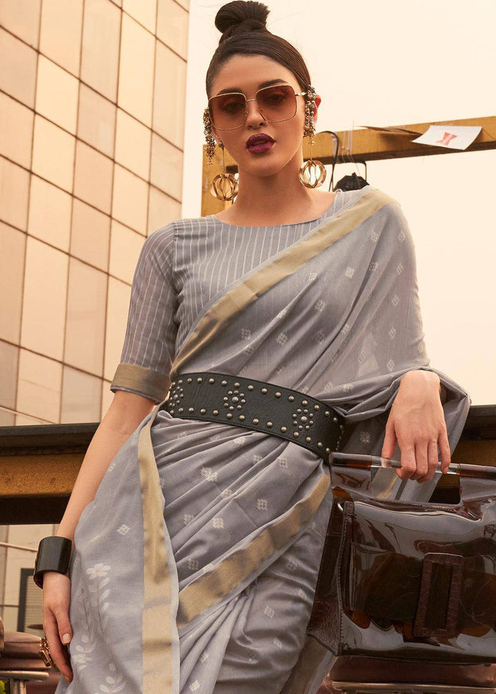 Steel Grey Handloom Weaving Banarasi Cotton Silk Saree | Stitched Blouse - qivii