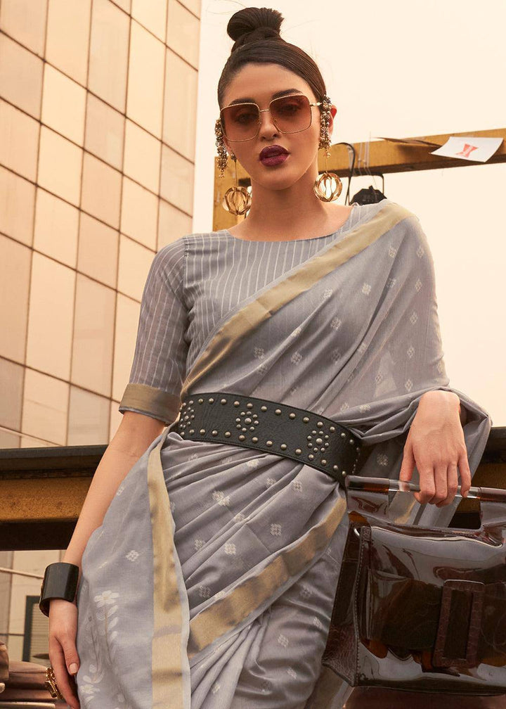 Steel Grey Handloom Weaving Banarasi Cotton Silk Saree | Stitched Blouse - qivii