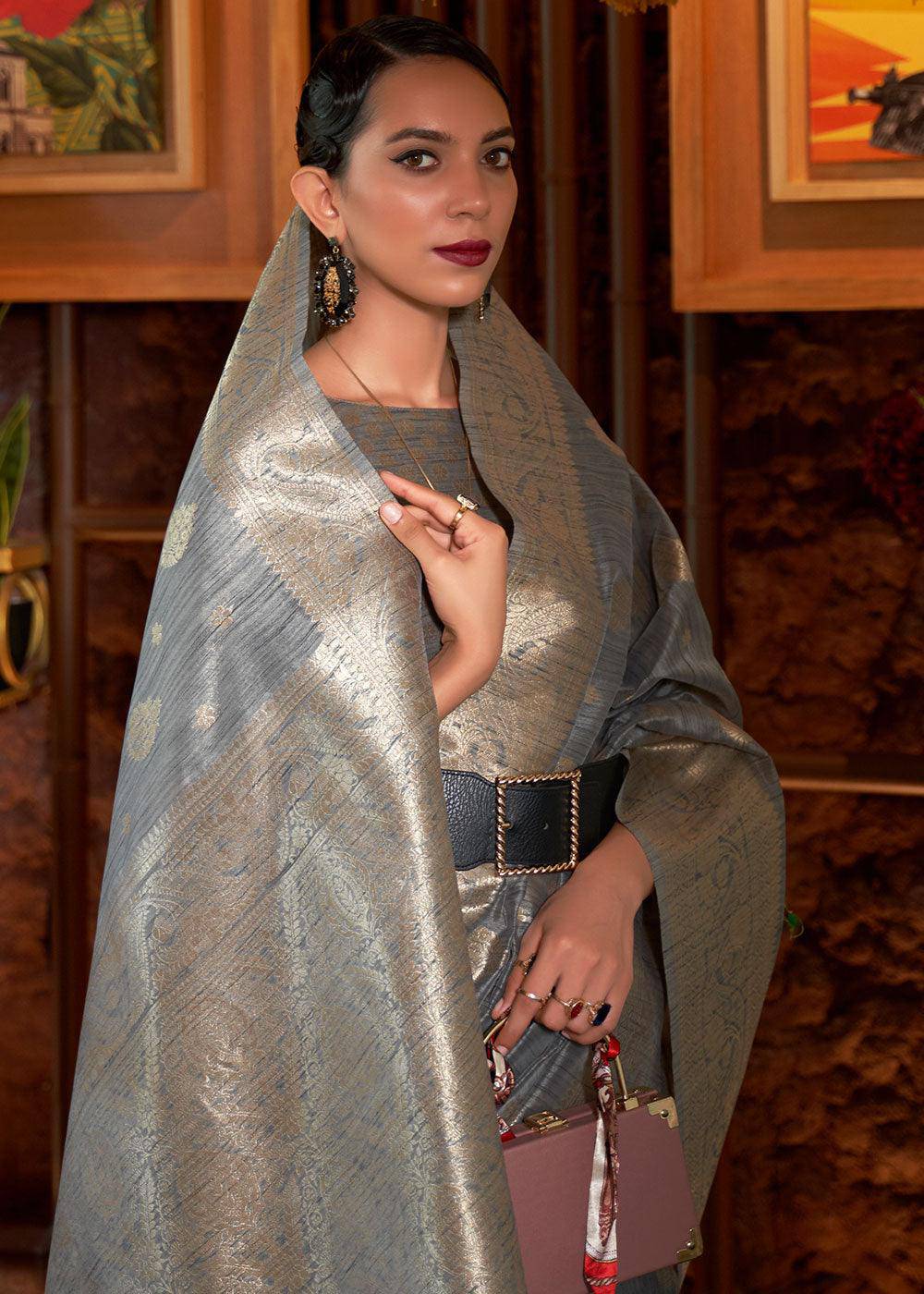 Steel Grey Handloom Weaving Tussar Silk Saree | Stitched Blouse - qivii