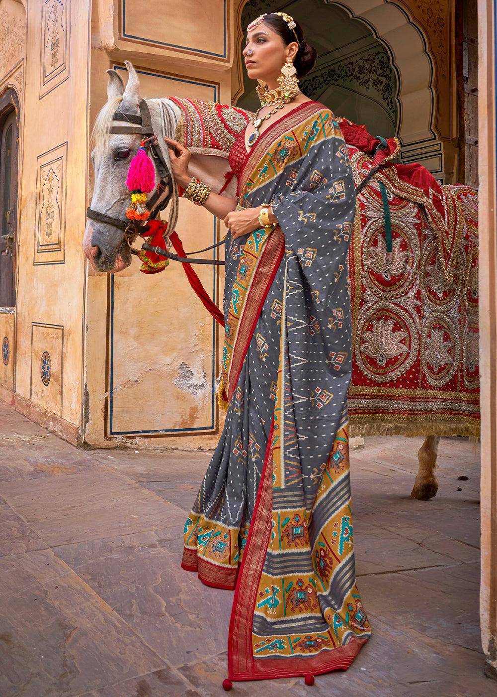 Steel Grey Patola Printed Designer Silk Saree | Stitched Blouse - qivii