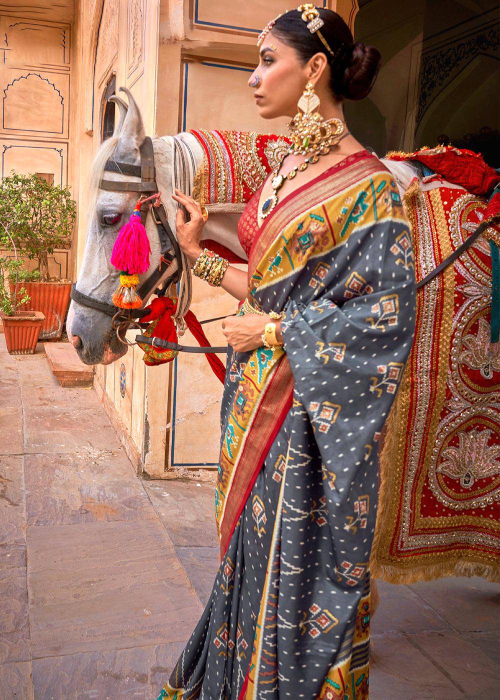 Steel Grey Patola Printed Designer Silk Saree | Stitched Blouse - qivii