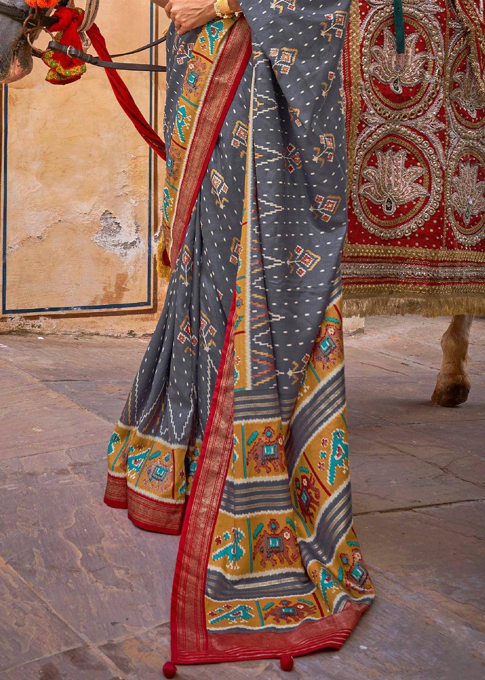 Steel Grey Patola Printed Designer Silk Saree | Stitched Blouse - qivii