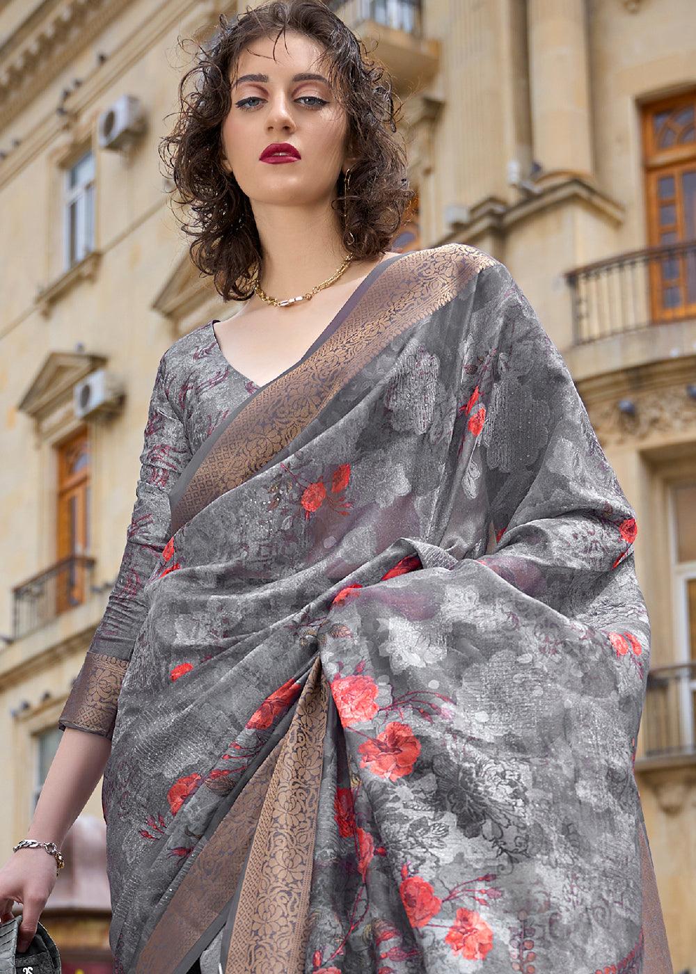 Steel Grey Printed Soft Silk Saree - qivii